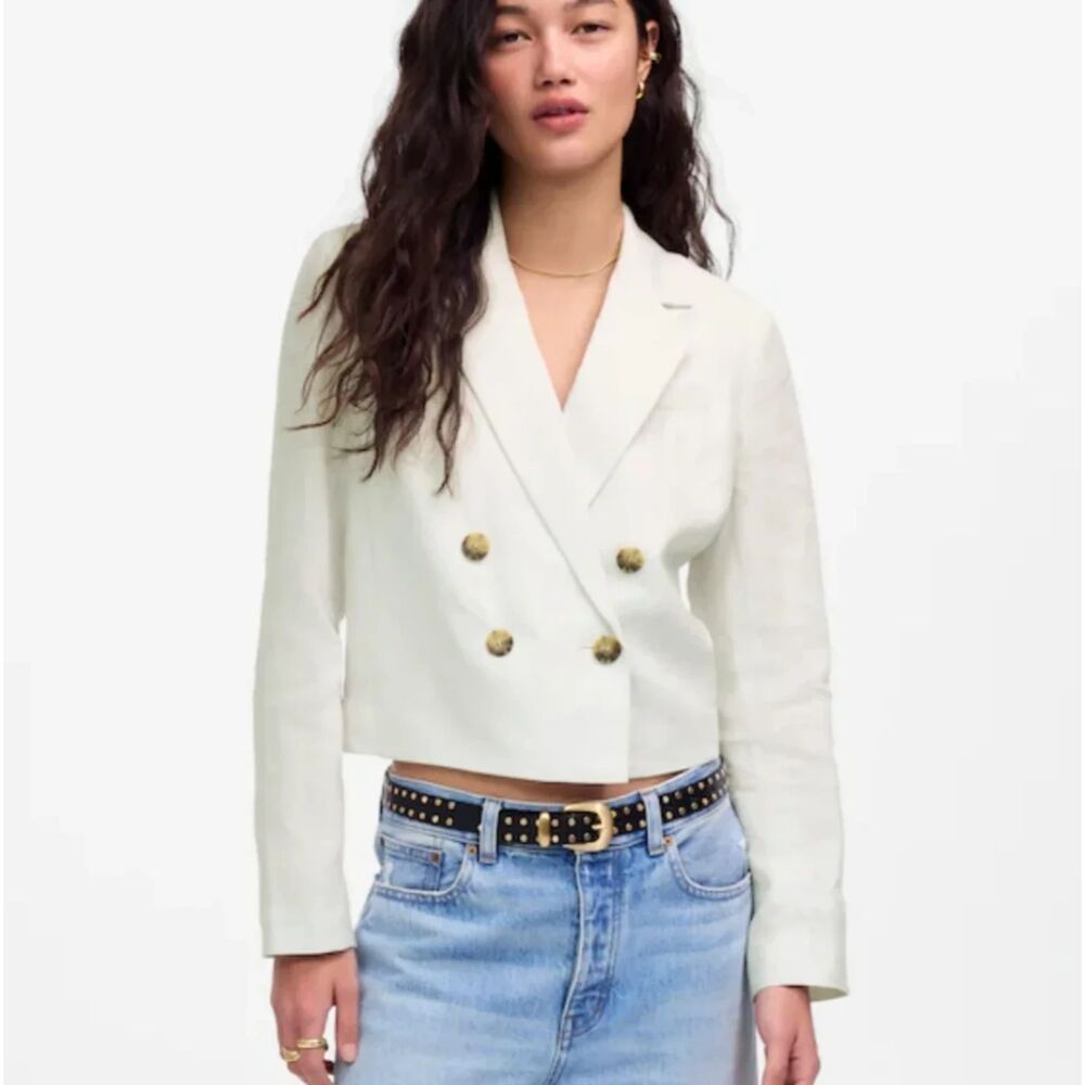 Madewell Double-Breasted Crop Blazer 100% Linen White Size 8